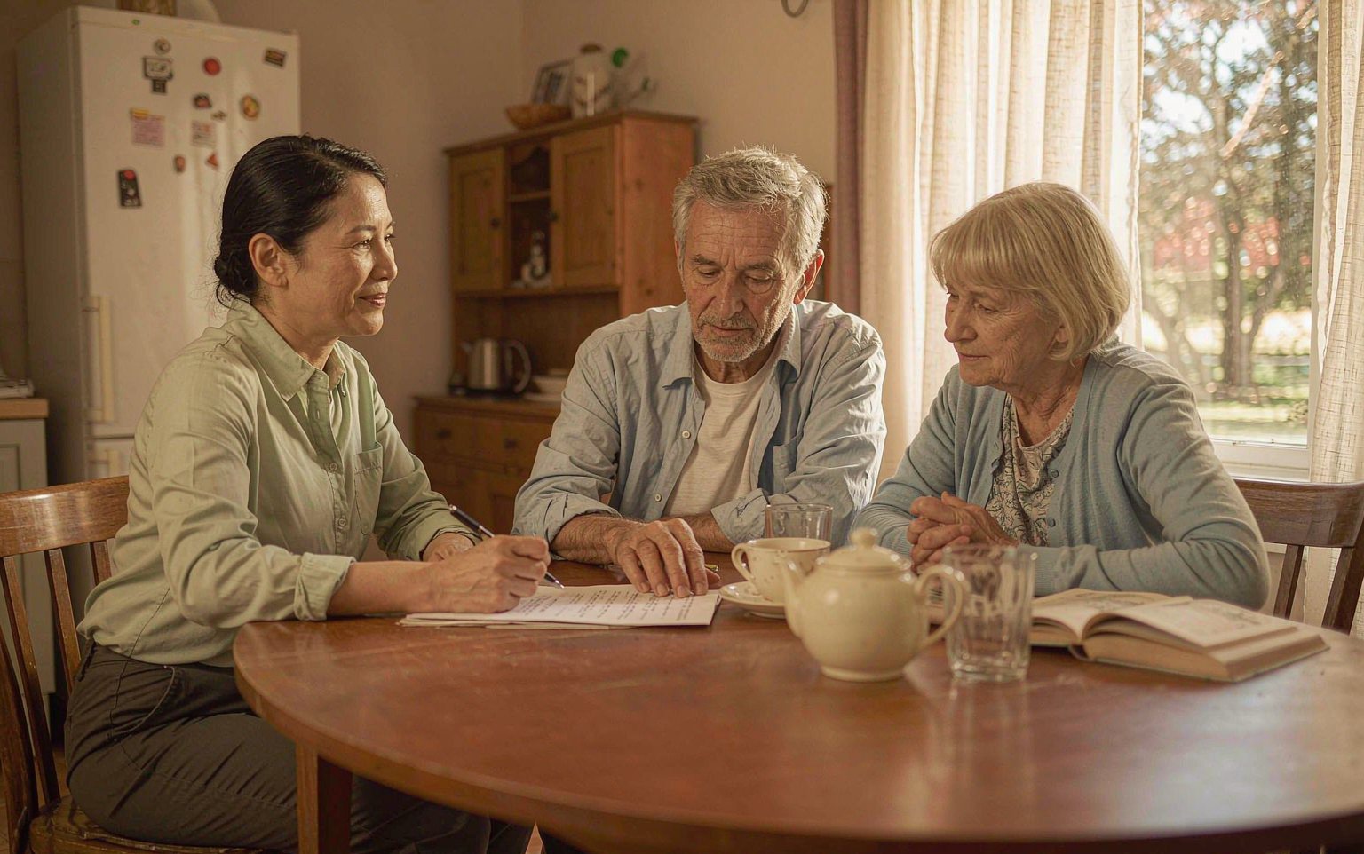 A care advisor talking through a support plan with an older couple at their kitchen table