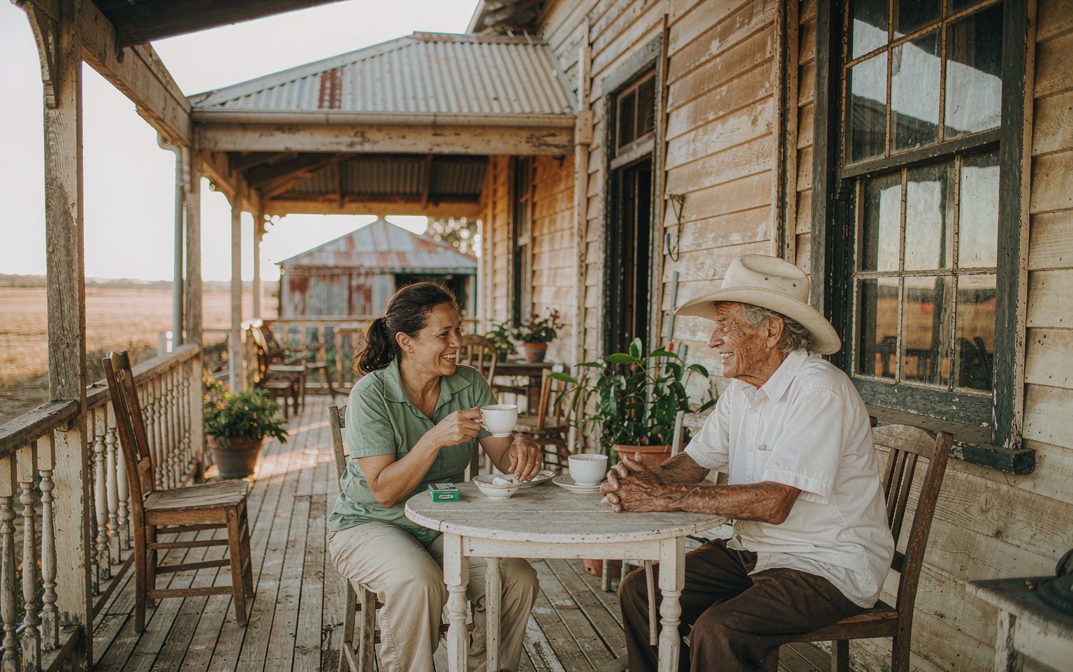 A support worker sharing a cup of tea with an older farmer on the verandah of his wheatbelt farmhouse